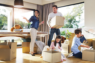 Buy stock photo Moving, box and help with family in new house for property, investment and renting. Future, teamwork and real estate with parents and children in living room of home for relocation and homeowner