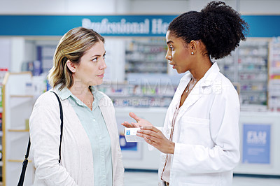 Buy stock photo Pharmacy, medicine and pharmacist help woman with pills, assistance and medical advice in drugstore. Healthcare, shopping or female worker consulting customer for product, prescription and medication
