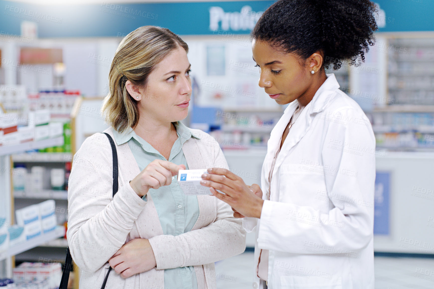 Buy stock photo Pharmacy, medication and pharmacist help woman for pills, assistance and medical service in drug store. Healthcare, clinic and female worker consulting customer for drugs, prescription and medicine