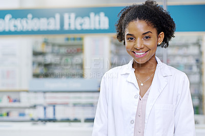 Buy stock photo Happy, smile and portrait of black woman in pharmacy for medical, pills and retail. Medicine, healthcare and trust with face of pharmacist in drug store for product, wellness and expert advice