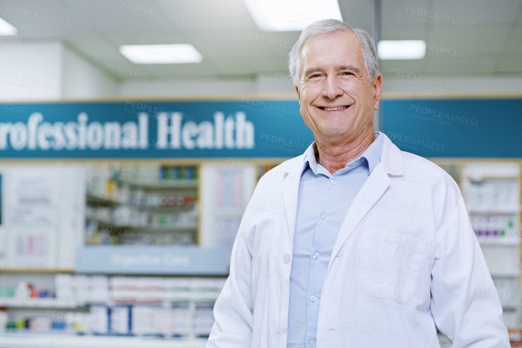 Buy stock photo Happy, senior and portrait of man in pharmacy for medical, pills and retail. Medicine. healthcare and trust with face of pharmacist in drug store for product, wellness and expert advice