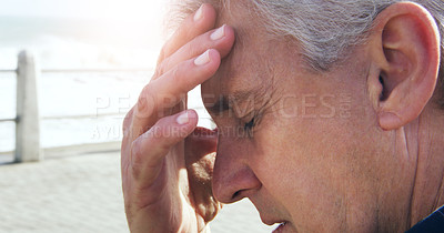 Buy stock photo Old man, hand and headache pain or outdoor with brain fog in retirement or migraine, pressure or dizzy. Male person, mental health and stress worry in nature with senior fatigue, tired or depression