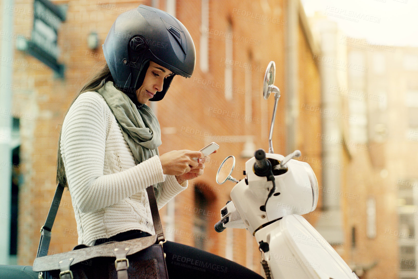 Buy stock photo Motorcycle, woman and phone with navigation search in a city with helmet on a street. Motorbike, mobile connectivity and female person with map on urban road with journey and travel on bike