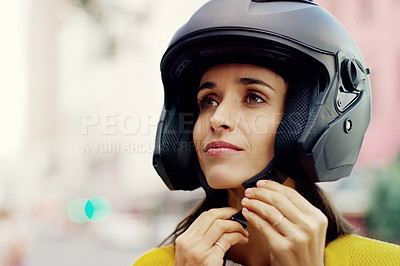 Buy stock photo Woman, helmet and safety in city for travel, adventure and road trip in urban street. Girl, protection and journey in summer for transportation, carbon footprint and thinking for environment