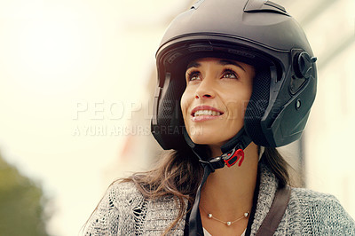 Buy stock photo Woman, helmet and travel in city for adventure, trip and happy in street for sightseeing. Girl, protection and journey in summer for transportation, carbon footprint and thinking for environment