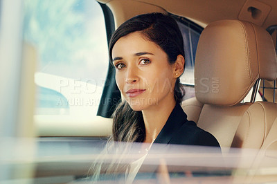 Buy stock photo Business woman, portrait and car for travel, commute or corporate conference with luxury transport service. Professional journey, taxi or vehicle in city, passenger for carpool and trip in London