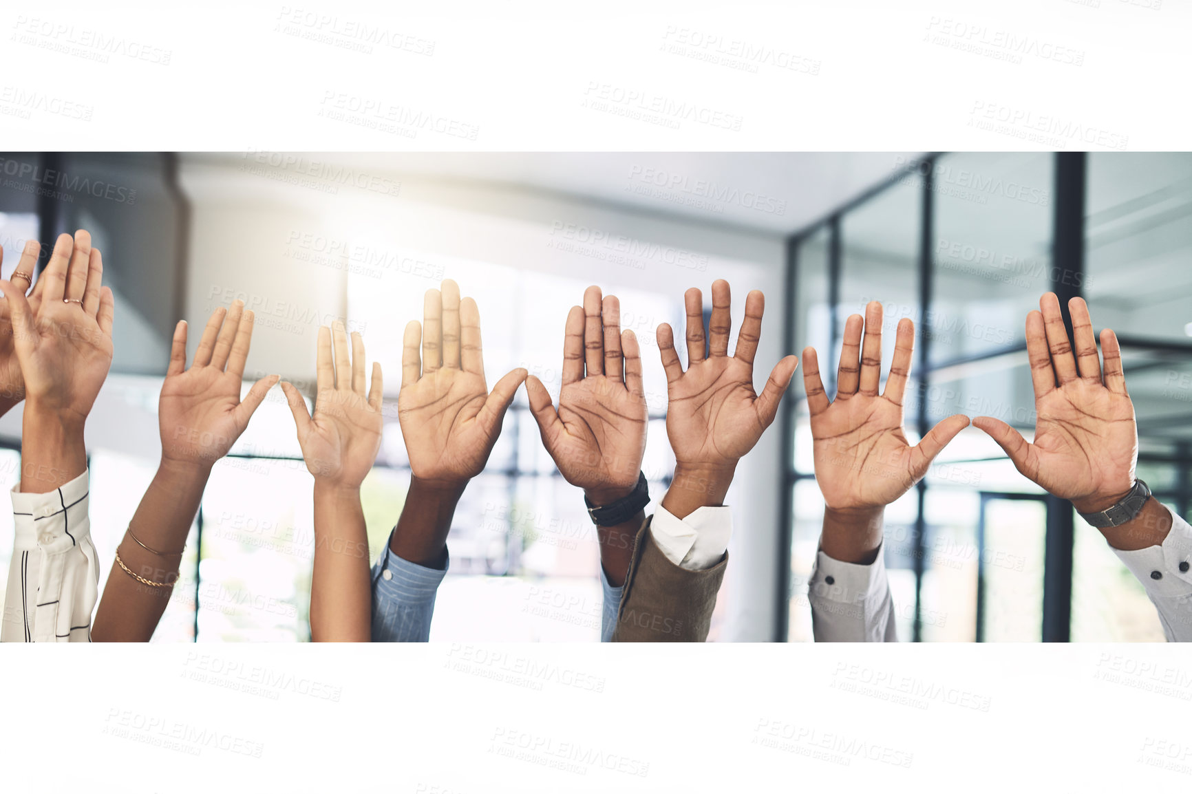 Buy stock photo Business people, hands and question at presentation in office with volunteer, team building and attention. Collaboration, employees and vote for participation, audience and banner with FAQ for career