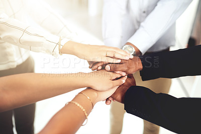 Buy stock photo Business people, solidarity and stack of hands in office for diversity, support and collaboration. Connection, unity and employees with goal, team building or celebration for achievement in workplace