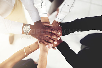 Buy stock photo Business people, team and stack of hands in office for diversity, support and collaboration. Connection, solidarity and employees with goal, win or celebration for achievement in workplace from above