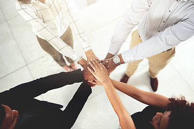 Buy stock photo Business people, winning and stack of hands in office for diversity, support and collaboration. Connection, solidarity and employees with goal, team building or celebration in workplace from above.