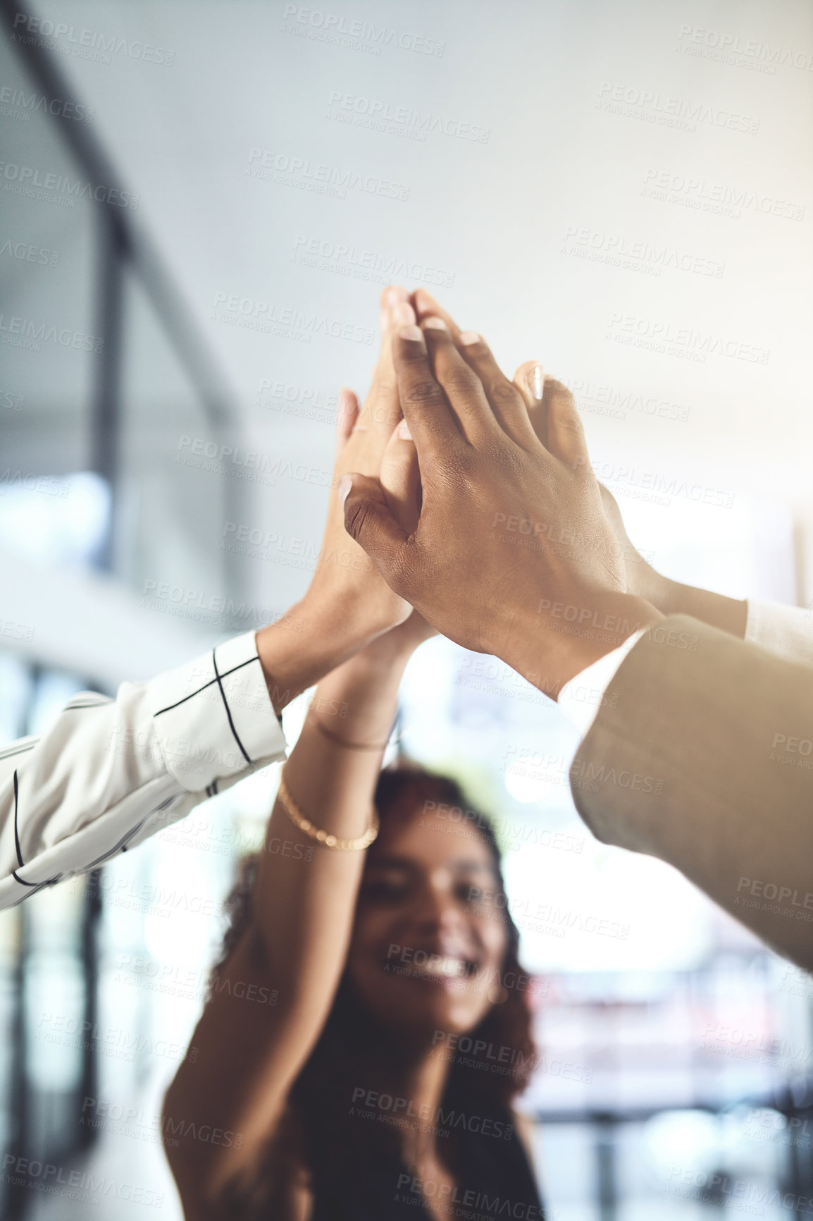 Buy stock photo Hands, high five and business people with deal, success and celebration with teamwork. Collaboration, company and group with professional achievement and solidarity at creative job with staff