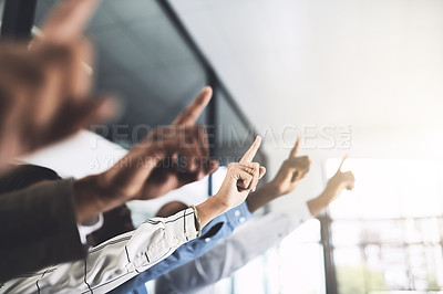 Buy stock photo Business people, hands and finger for question in group with volunteer, team building or participation. Collaboration, employees or gesture for attention, answer or interaction at workplace on mockup