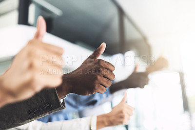 Buy stock photo Business, hands and thumbs up at meeting in office with volunteer, team building and vote in seminar. Collaboration, people and yes for participation, audience and agreement with training workshop