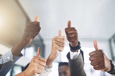 Buy stock photo Business people, hands and group or thumbs up with closeup for team building, vote or agreement with diversity. Collaboration, employees and yes emoji for partnership, solidarity or support at work