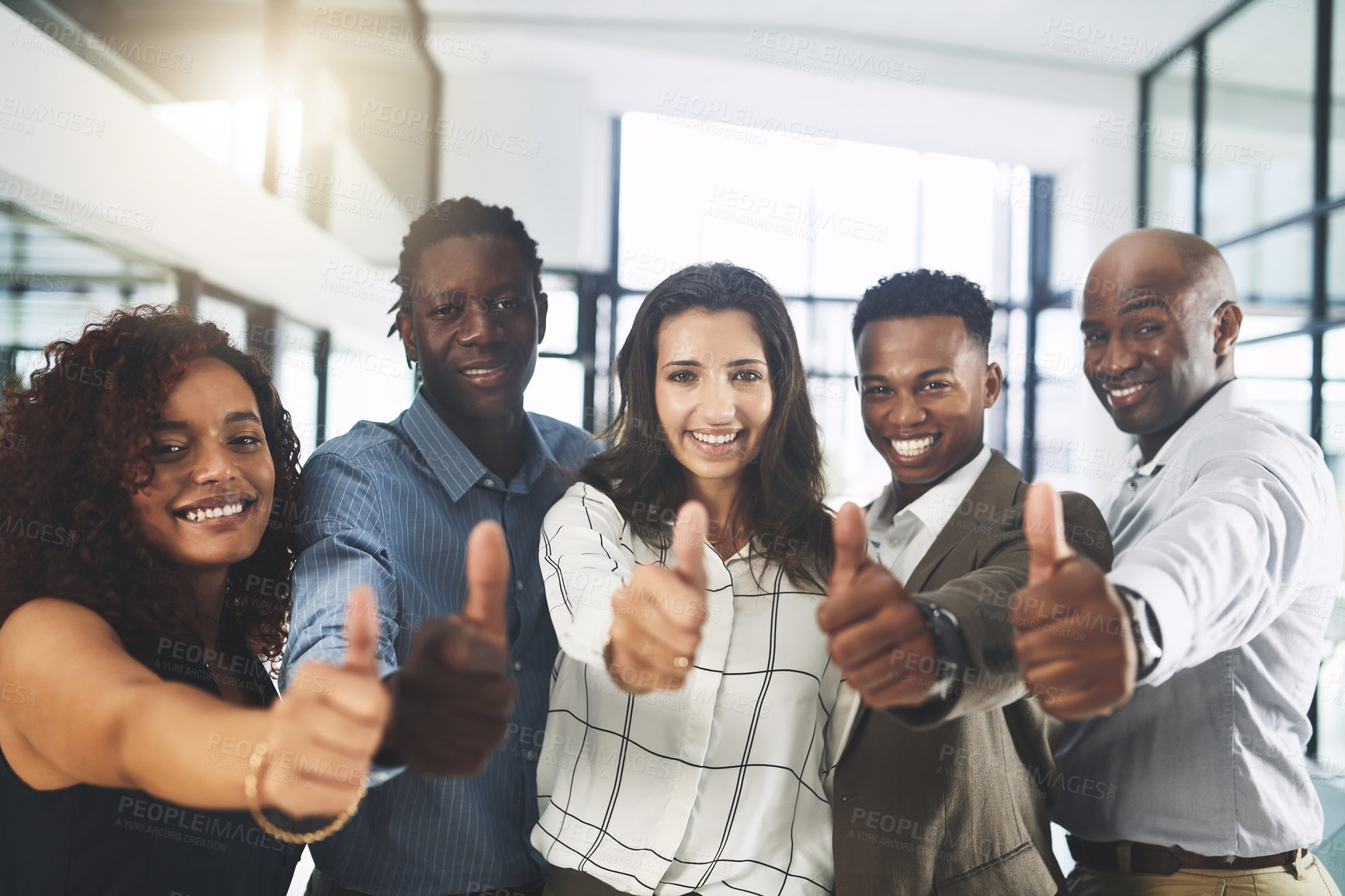 Buy stock photo Thumbs up, teamwork and portrait of business people in office with hand gesture for success, support and approval. Corporate workers, diversity and men and women with emoji for agreement, yes or okay