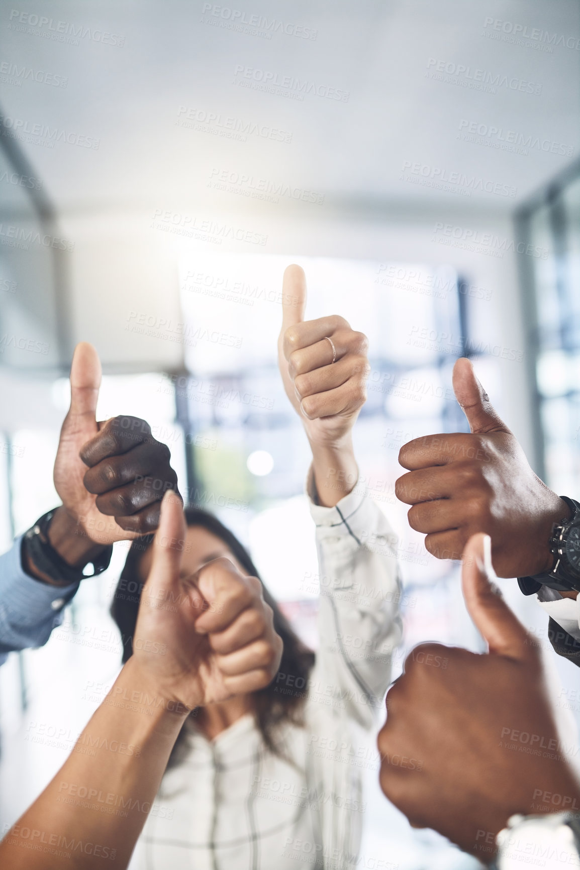 Buy stock photo Business team, hands and thumbs up in office for success, achievement and collaboration with support. Employees, trust and approval gesture in workplace for thank you, vote and company agreement