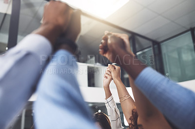 Buy stock photo Closeup shot of a group of businesspeople holding hands in an office