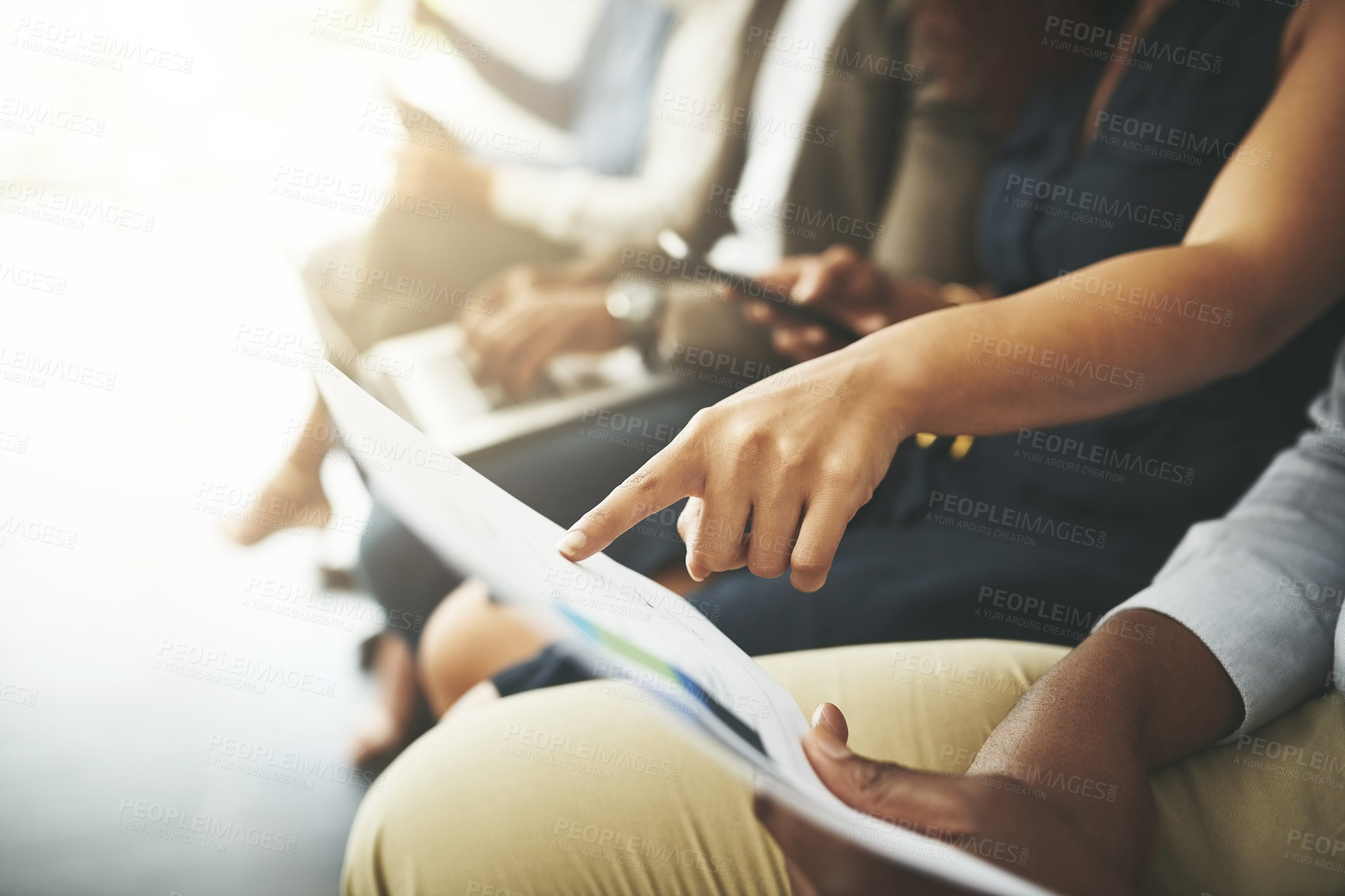 Buy stock photo Resume, hands and people in waiting room for job application, recruitment opportunity or advice. CV, pointing and employees in hr office for interview, internship or career registration with document