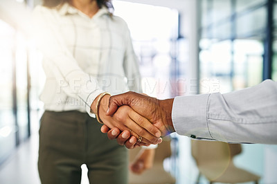 Buy stock photo Handshake, hands and business man and woman in office for teamwork, collaboration and agreement. Corporate, professional and people with gesture for congratulations, b2b networking and partnership