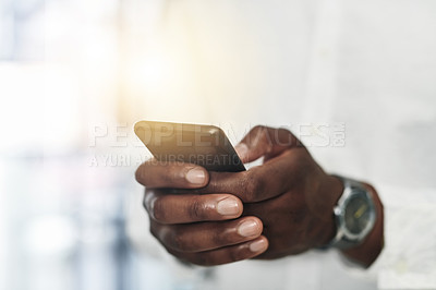 Buy stock photo Phone, typing and hand of person in office for online chat, search and mobile app for email review. Scroll, networking and business man at digital agency with smartphone, schedule or web connectivity