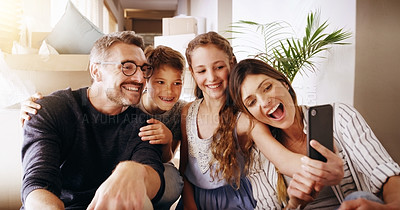 Buy stock photo Selfie, mom and dad with kids, family home and smile with happiness, bonding and excited with mobile app. Man, woman and children with profile picture, photography and happy in new house for memory