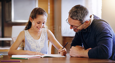 Buy stock photo Father, girl child and help with homework, education and learning with notebook for writing, school and bonding. Man, daughter and study time in living room, knowledge and development at family home