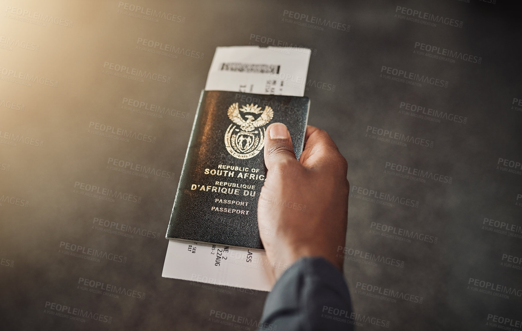 Buy stock photo Hand, lobby and passport for holiday in airport, travel and ready for flight, trip and adventure. Identity, information and person in waiting room, documents and ticket for airplane and journey