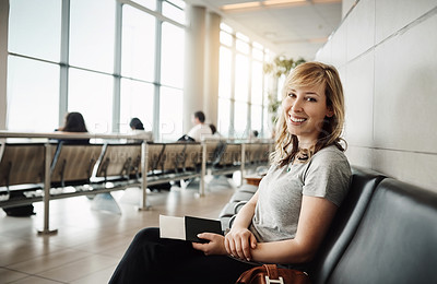 Buy stock photo Passport, portrait and woman in waiting room of airport, smile and ticket for trip to Florida for holiday. Airplane, lobby and girl with documents and travel for vacation, break and international