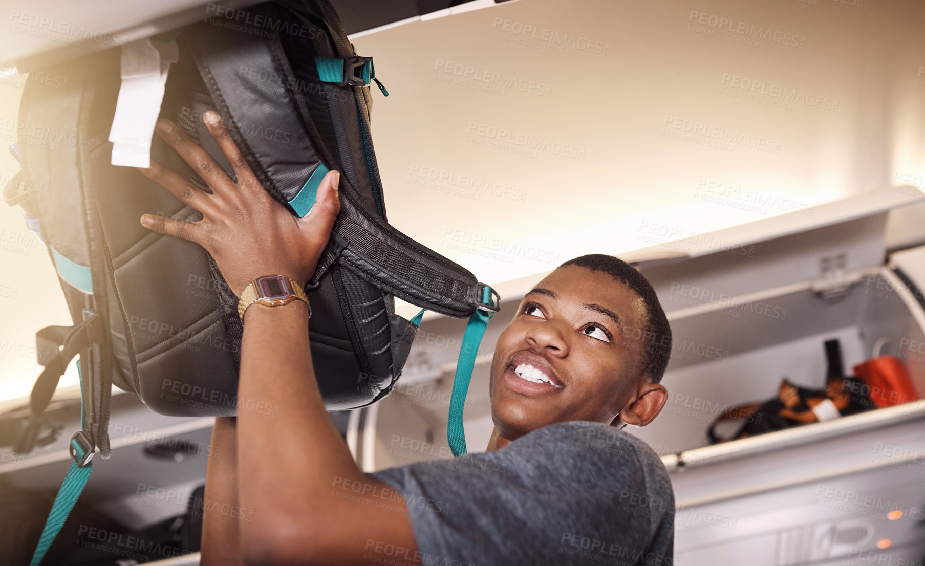 Buy stock photo Airplane, travel and black man with bag in cabin for flight, international journey and global commute. Transport, passenger and person boarding plane with luggage for holiday, adventure and vacation