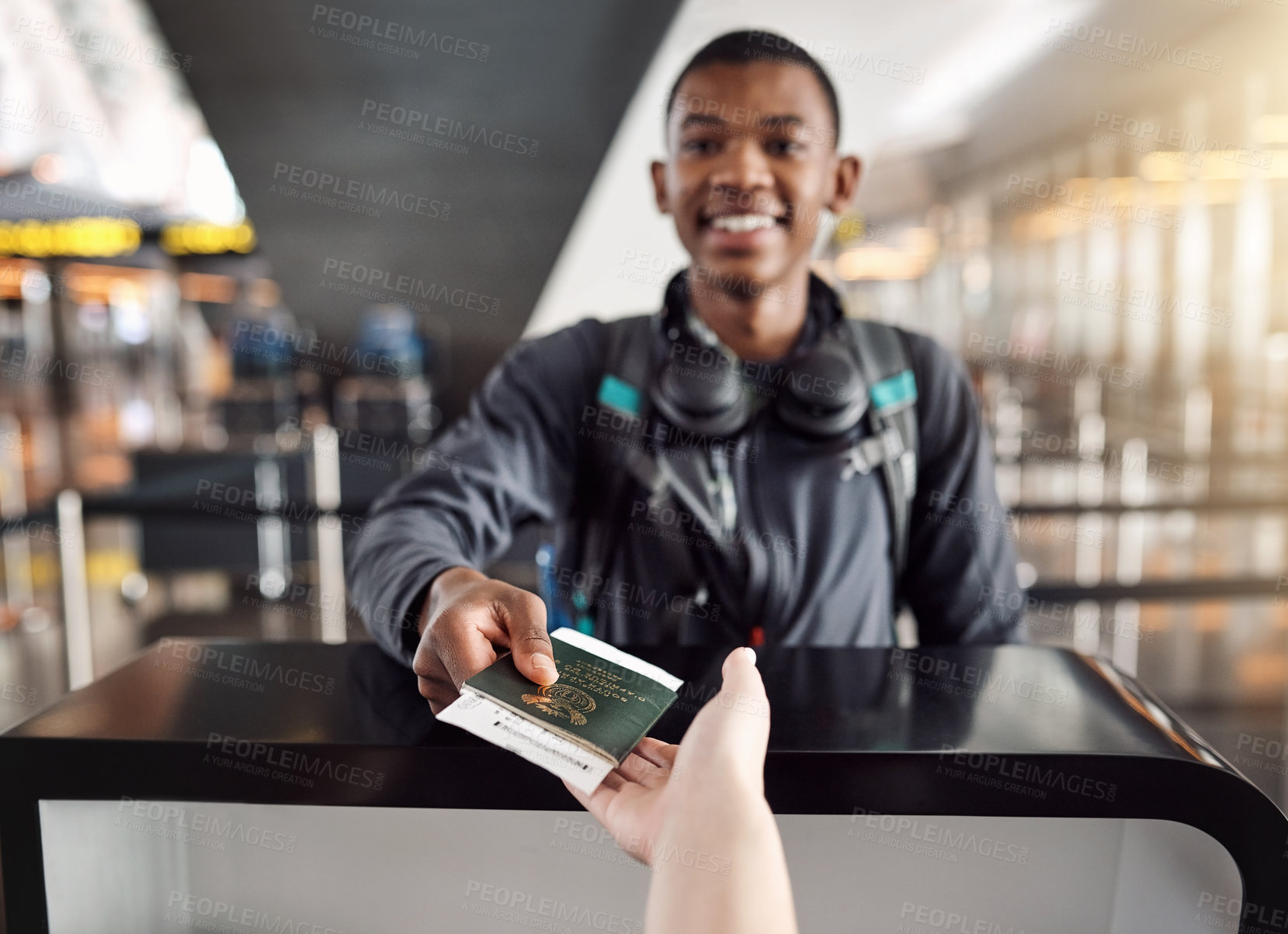 Buy stock photo Black man, airport and happy with passport at help desk for journey, travel and boarding. Female person, tourist and ticket or document as identity check on flight for holiday and adventure smile