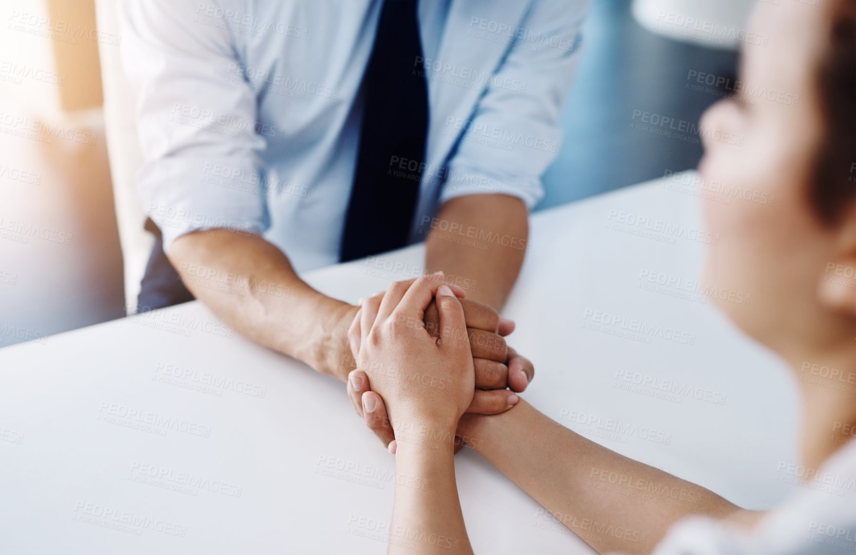 Buy stock photo Holding hands, doctor and patient for comfort, talking or communication for bad news, diagnosis or support. Psychologist, medical discussion or empathy together for care, help or wellness in hospital