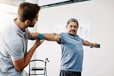 Buy stock photo Dumbbells, physiotherapy and stretching with doctor and old man for rehabilitation, training and help. Healthcare, wellness and healing with patient and expert for consulting, muscle and exercise