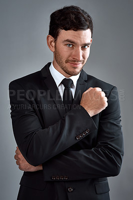 Buy stock photo Business, man and confident in studio for fashion or office wear with smile on grey background. Male person, entrepreneur and serious on portrait  as lawyer for career growth or job opportunity