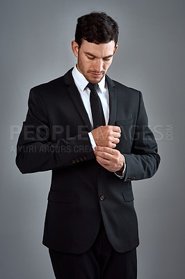 Buy stock photo Man, ready and suit in studio for business, job opportunity and professional in company. Wall street, broker and thinking on gray background for question, career path and mindset for future growth