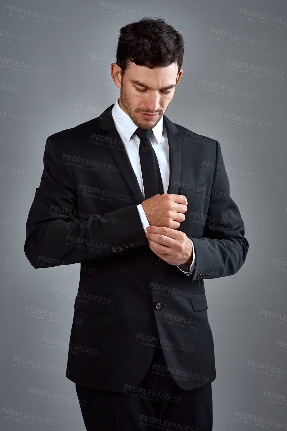 Buy stock photo Man, ready and suit in studio for business, job opportunity and professional in company. Wall street, broker and thinking on gray background for question, career path and mindset for future growth