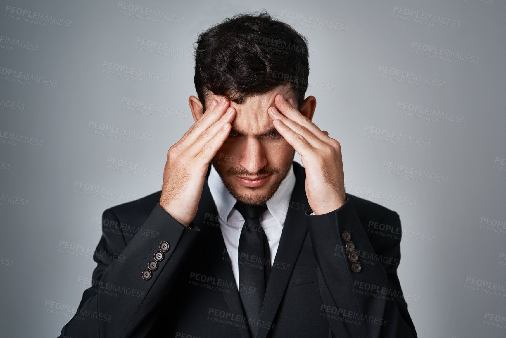 Buy stock photo Stress, headache and businessman in studio for fail with crash in financial market with investment loss. Migraine, mistake and male broker with bankruptcy for finance crisis by gray background.