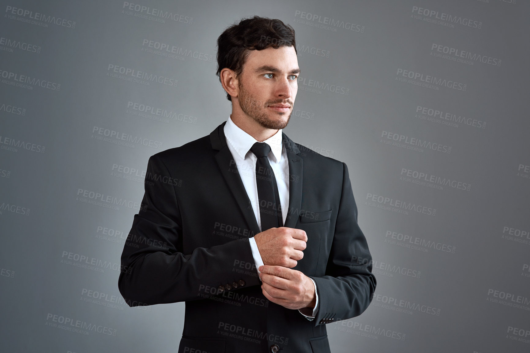 Buy stock photo Businessman, thinking or professional in studio with suit, job opportunity or growth in company. Wall street, broker or reflection on gray background space for goal, career path or mindset for future