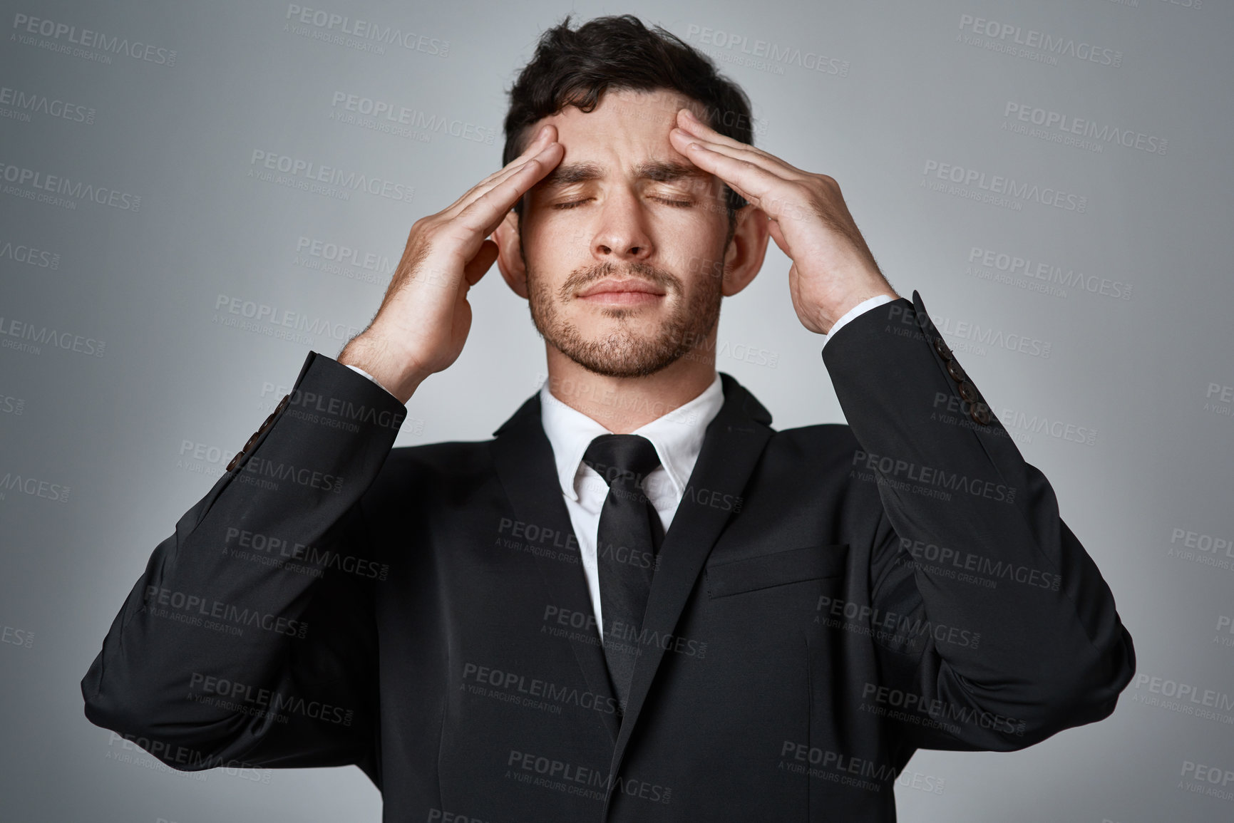 Buy stock photo Stress, regret and businessman in studio for mistake with crash in financial market with investment loss. Economy, crisis and male broker with bankruptcy for finance fail by gray background.