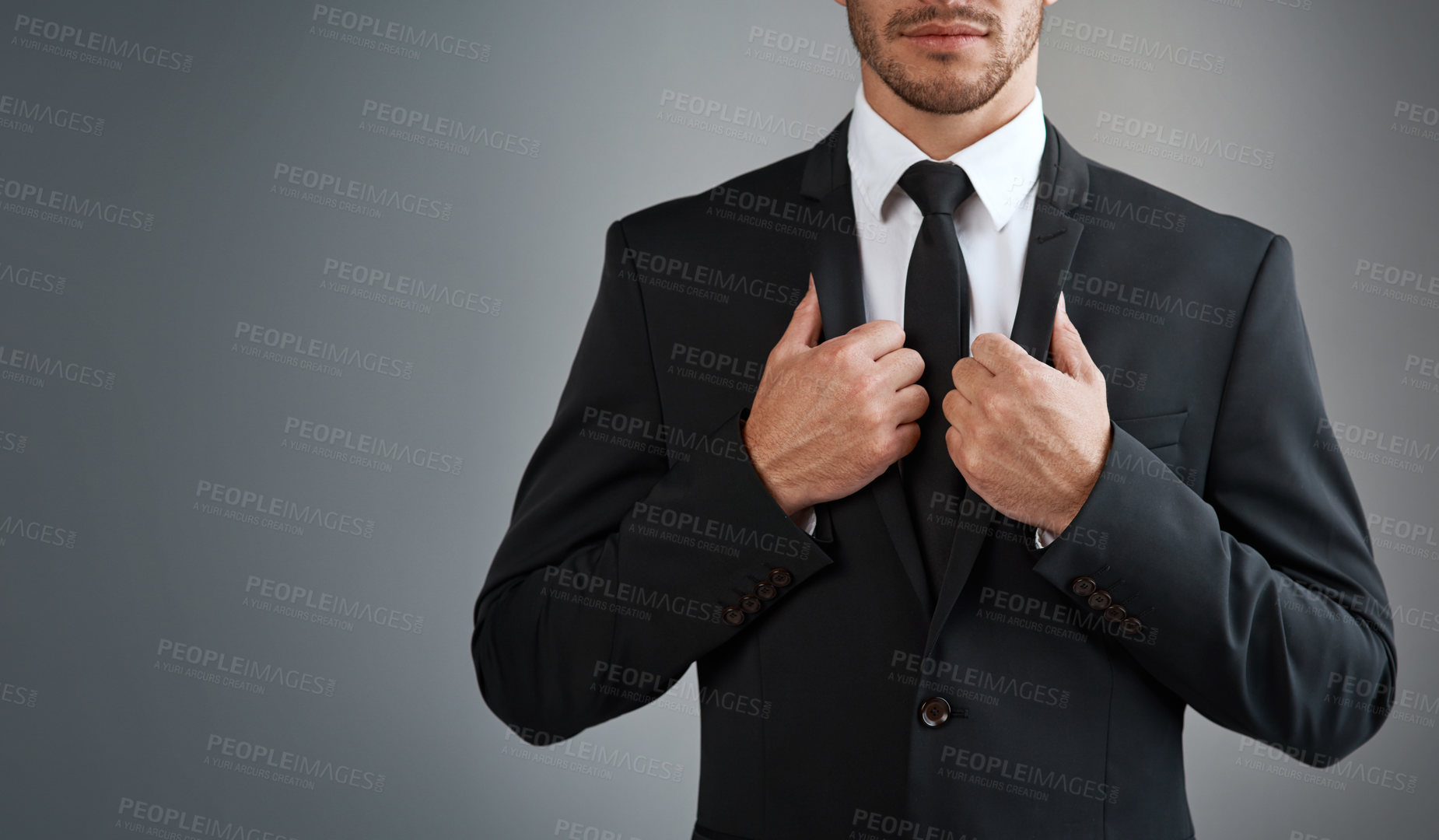 Buy stock photo Career man, suit and fashion for corporate, style and business in bookkeeping for financial agency. Male person, pride and confidence for industry, economy and investment banking in studio background