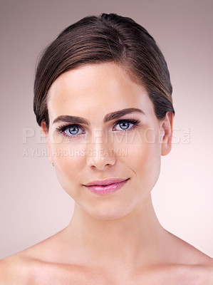 Buy stock photo Beauty, skincare and portrait of woman with natural, cosmetic and facial treatment for glow. Wellness, health and female person from Germany with face dermatology routine by studio background.