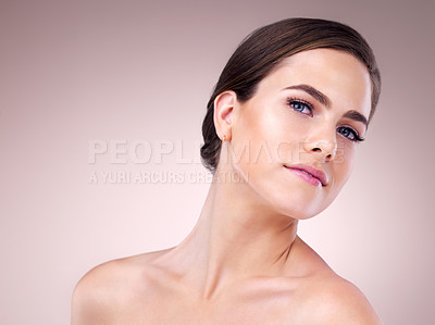 Buy stock photo Skincare, woman or portrait in studio for beauty for glow, mockup space or cosmetics on pink background. Relax, vitamin c or girl with natural shine, facial hydration treatment or dermatology results