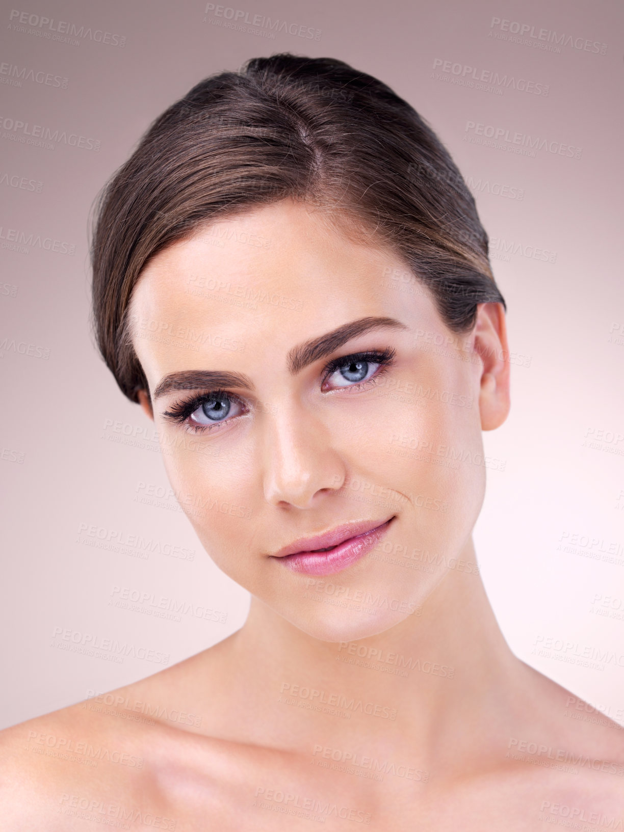 Buy stock photo Cosmetic, skincare and portrait of woman with natural, health and facial treatment for glow. Wellness, beauty and female person from Germany with face dermatology routine by studio background.