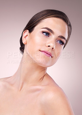 Buy stock photo Skincare, woman or thinking in studio for beauty for body glow, pride or cosmetics on pink background. Relax, vitamin c or female person with ideas, facial hydration treatment or dermatology results