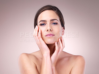 Buy stock photo Skincare, portrait and woman in studio, proud and treatment for anti aging of celebrity and beauty. Pink background, confidence and results of cosmetics with glow, person and shine of skin for facial