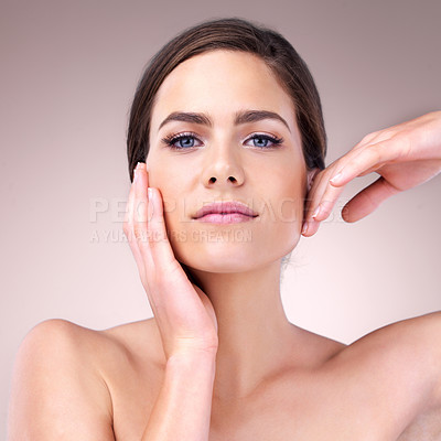 Buy stock photo Skincare, portrait and woman in studio, confident and treatment for anti aging of celebrity and beauty. Pink background, soft and results of cosmetics with glow, person and shine of skin for actor