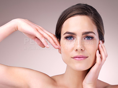 Buy stock photo Cosmetics, portrait and woman in studio, smile and skincare for anti aging of model and beauty. Pink background, soft and results of treatment with glow, pride and shine of skin for person in spa