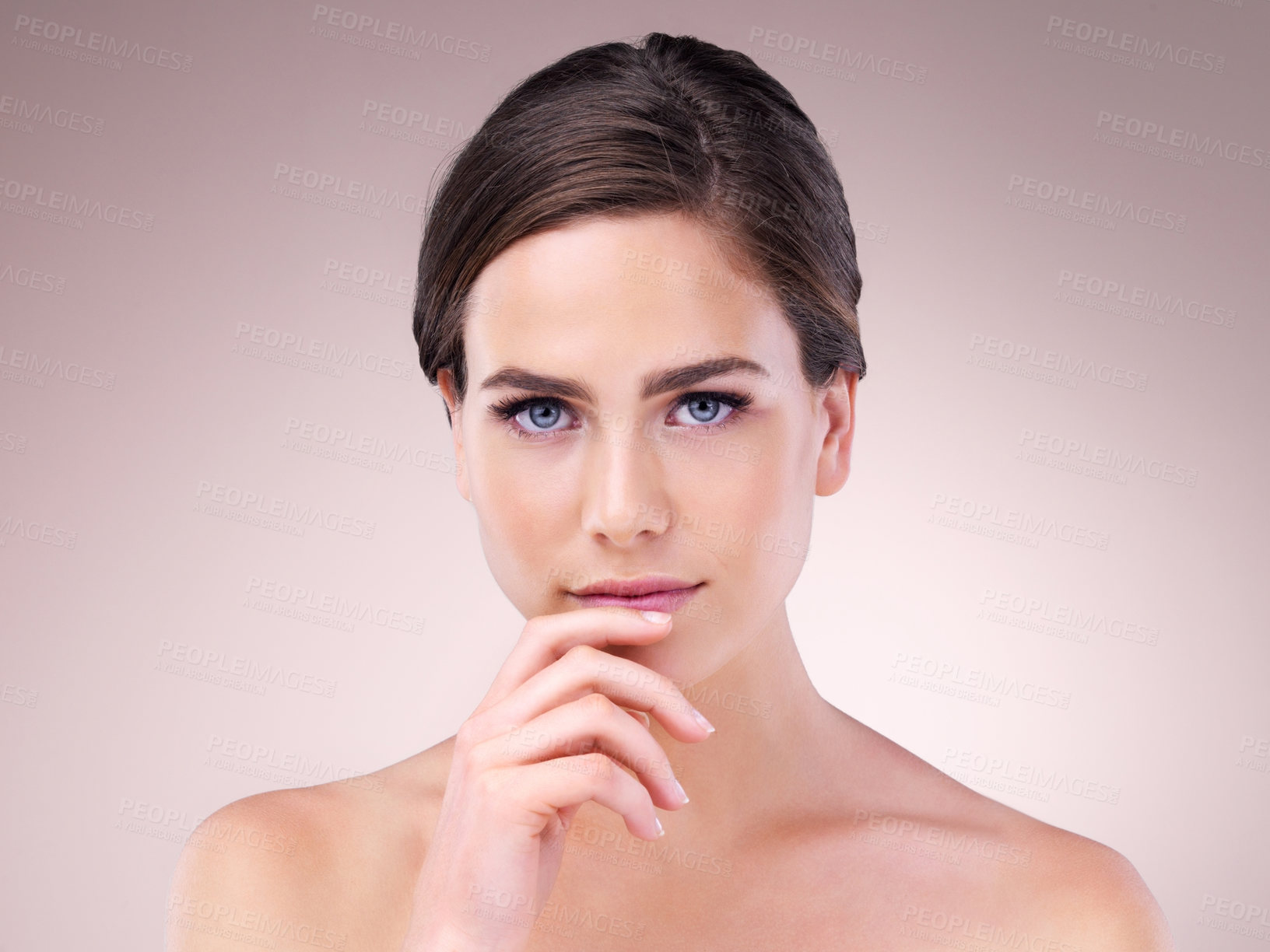 Buy stock photo Cosmetics, portrait and woman in studio, confident and skincare for anti aging of celebrity and beauty. Pink background, soft and results of treatment with glow, person and shine of skin for actor