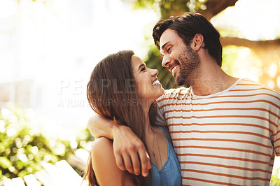 Buy stock photo Love, vacation or happy couple hug in park to date, smile or enjoy anniversary together for peace. Outdoor, romantic woman or man in nature for trust or bonding with care, support or special moment