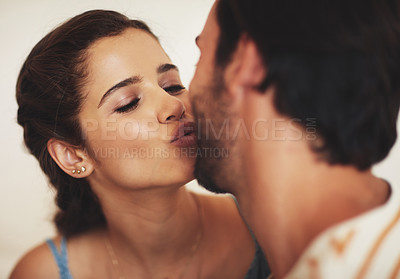 Buy stock photo Love, kiss or couple in home to relax, date or enjoy anniversary together for romance or loyalty. House, woman or man in apartment for trust, memory or bonding with care, support or special moment