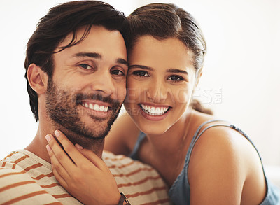 Buy stock photo Couple, happy portrait and love in home for relationship trust, romantic moment and relax together. Face smile, man and woman with bonding for loyalty, wellness and support for partnership in house